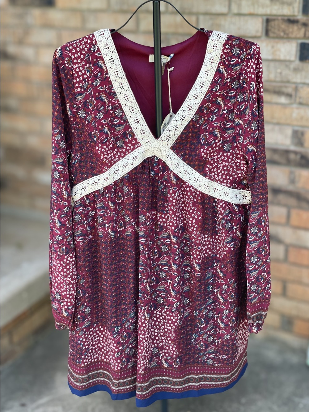 Entro Crochet Paisley Babydoll Dress Burgundy Large NWT